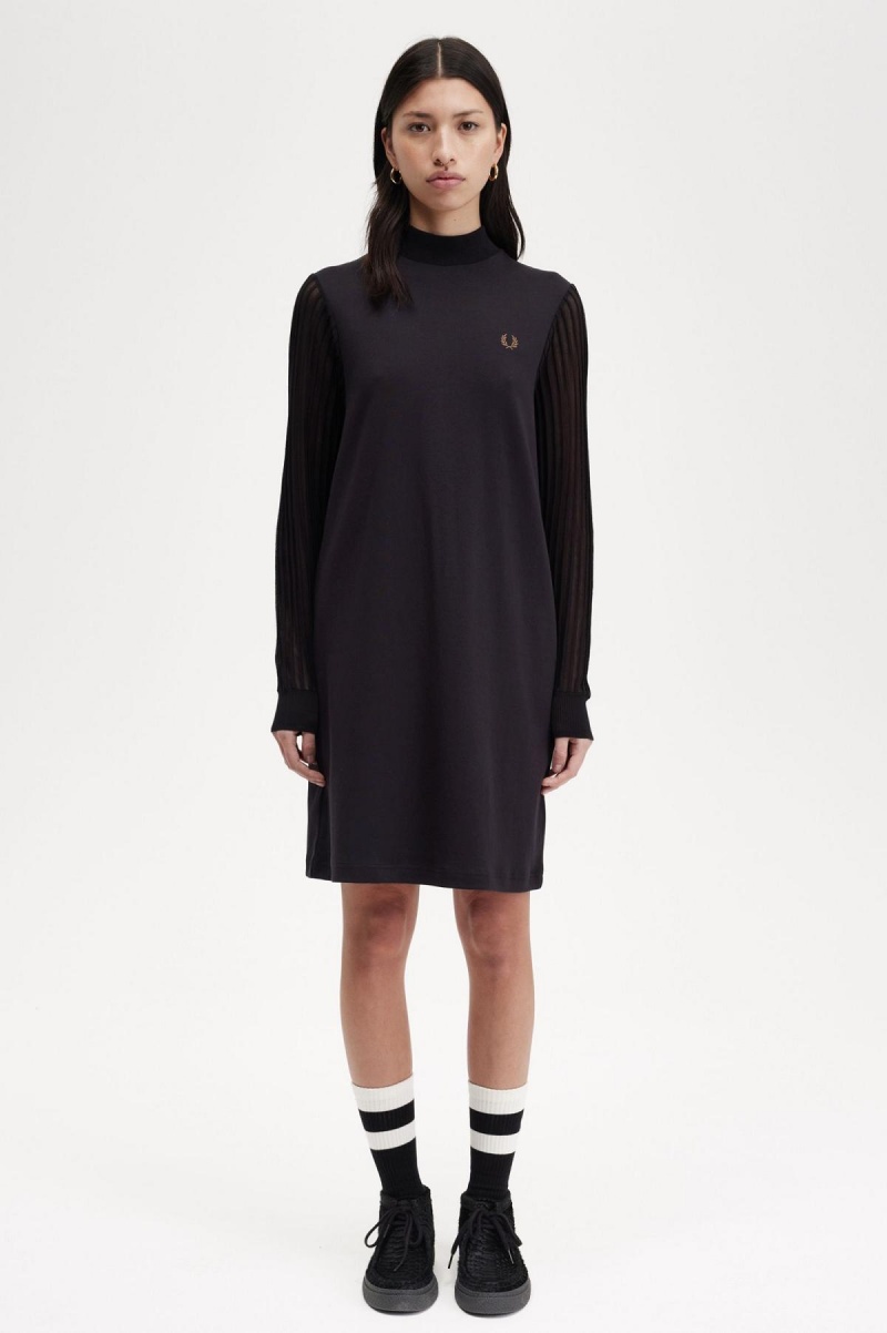 Fred Perry Sheer Sleeve Mock Neck Kjole Dame Svarte | MNOHR67024