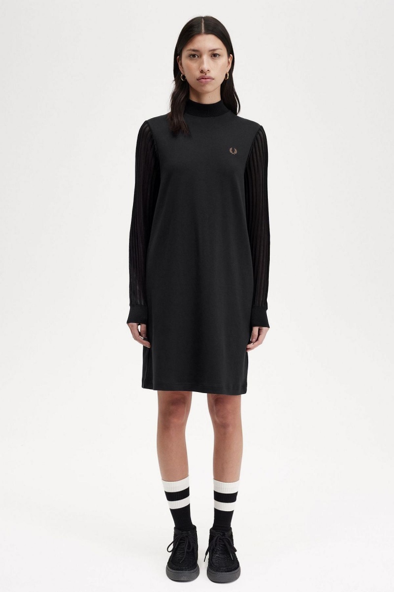 Fred Perry Sheer Sleeve Mock Neck Kjole Dame Svarte | MNOHR67024