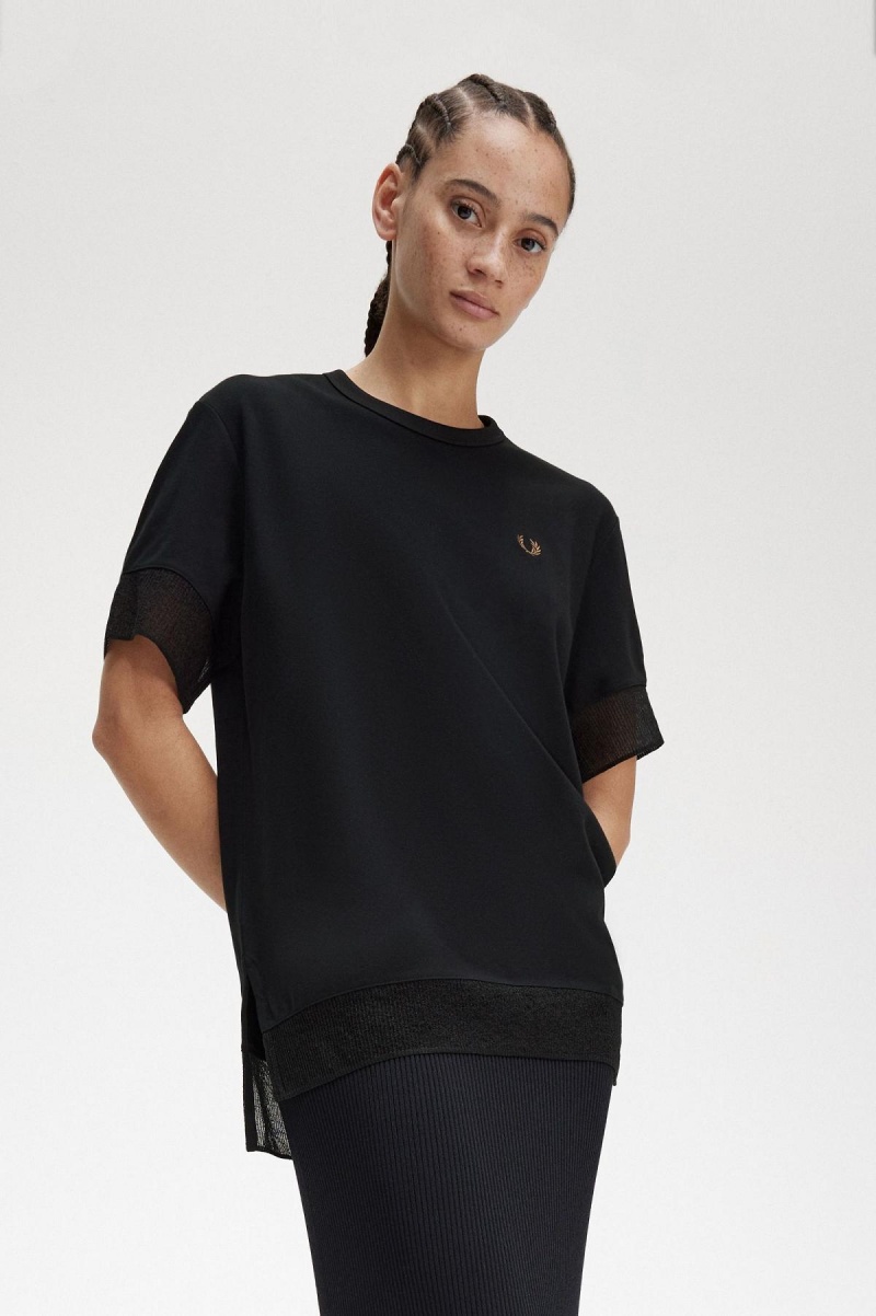 Fred Perry Sheer Trim Piqué T-skjorte Dame Svarte | XNOBH54086