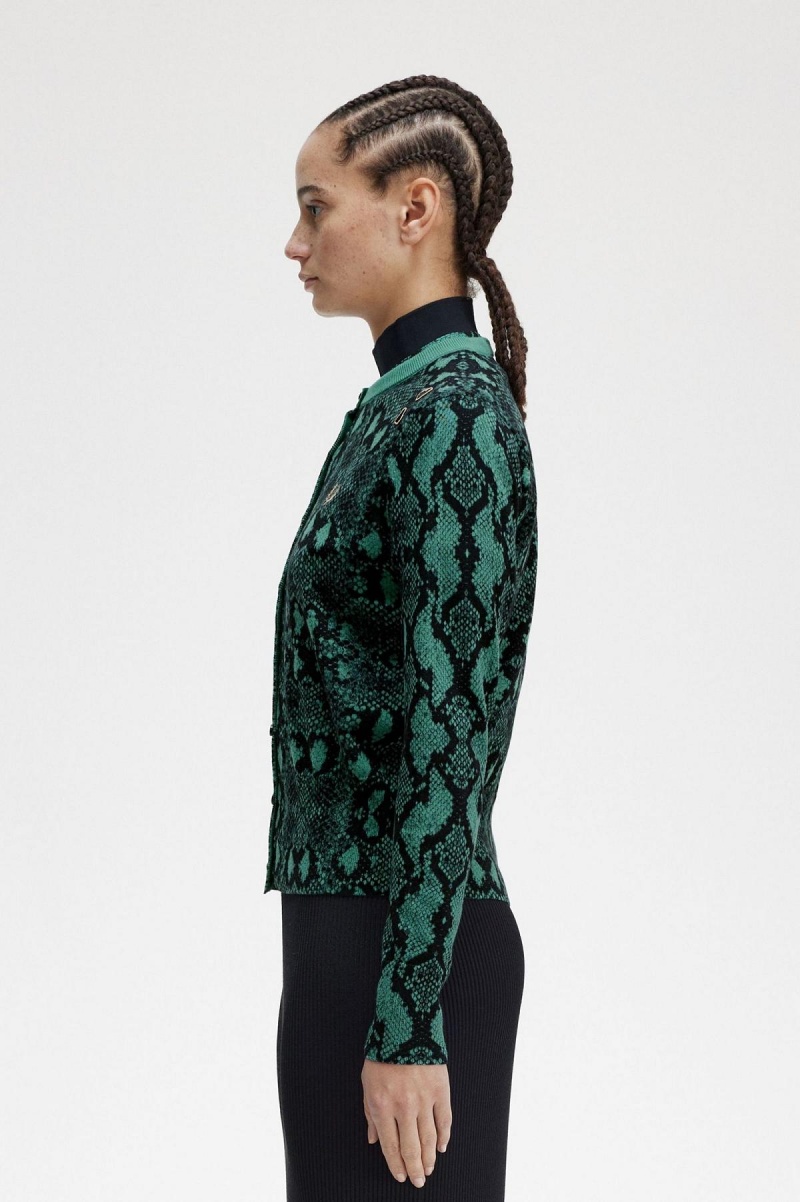 Fred Perry Snake Print Cardigan Strikkevarer Dame Dyp Mint | XNOBH29442