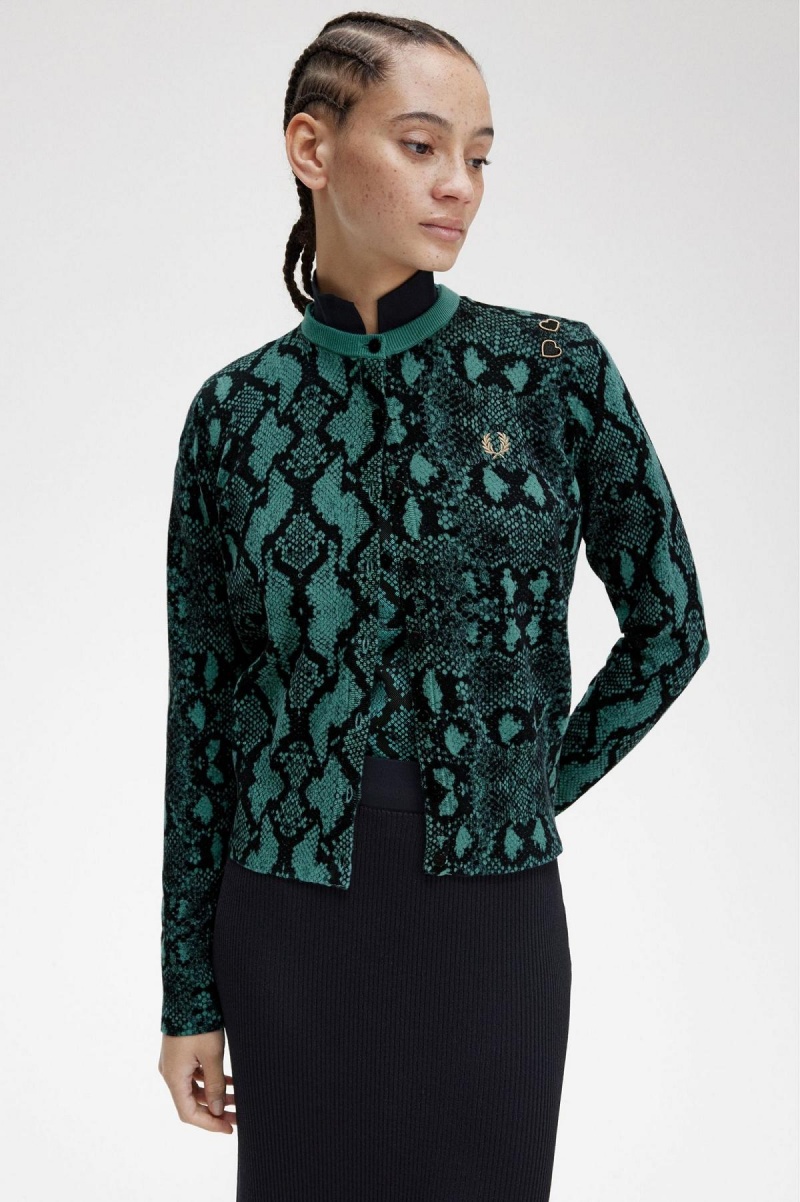 Fred Perry Snake Print Cardigan Strikkevarer Dame Dyp Mint | XNOBH29442