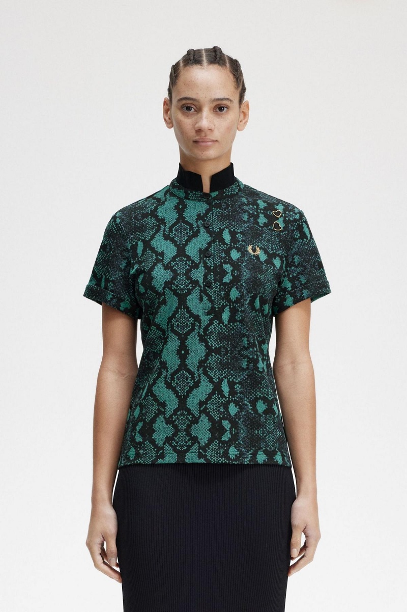 Fred Perry Snake Print Polo T Skjorte Dame Dyp Mint | NOQCS15094