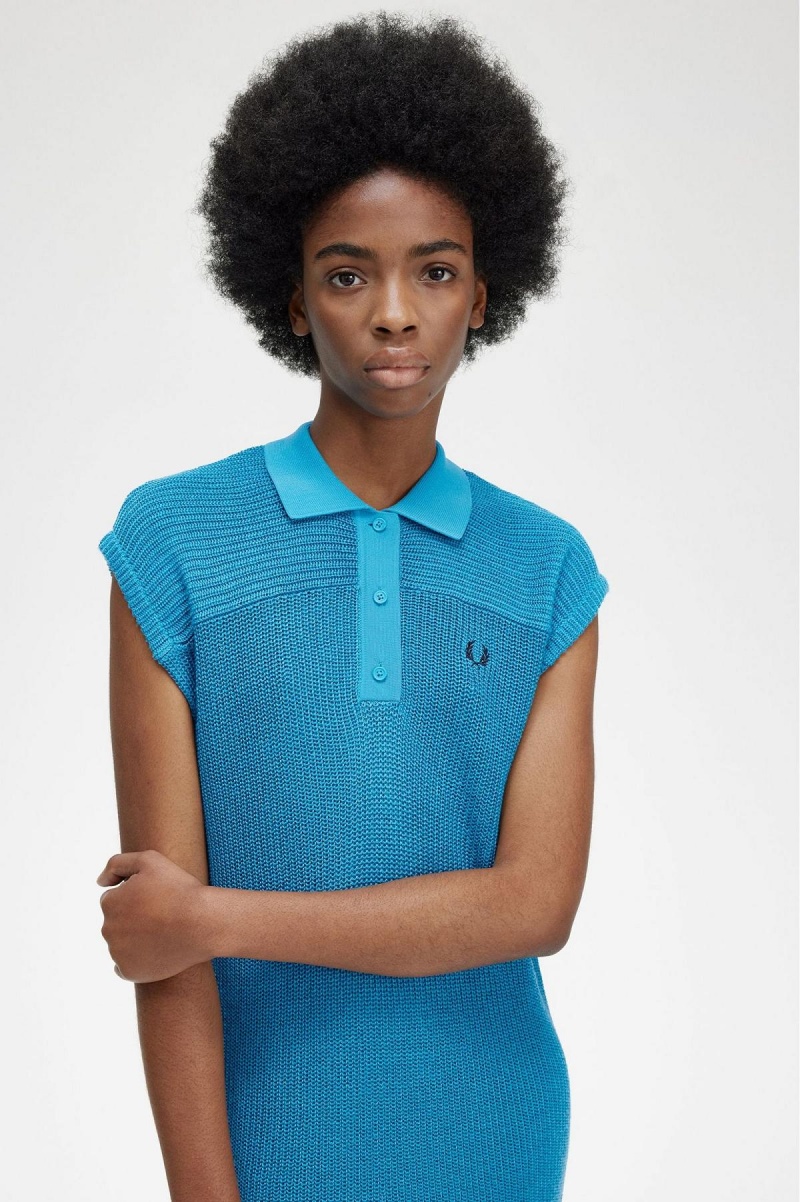 Fred Perry Strikket Shirt Kjole Dame Blå | LNOTR34643