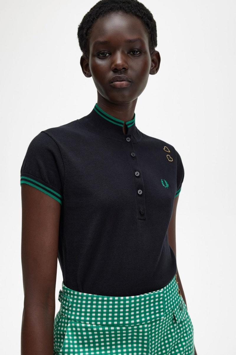 Fred Perry Strikket Shirt Strikkevarer Dame Svarte | GNOUC75104