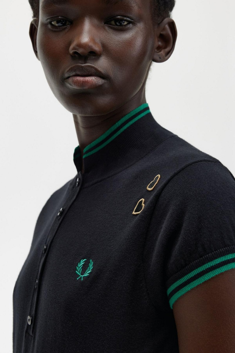 Fred Perry Strikket Shirt Strikkevarer Dame Svarte | GNOUC75104