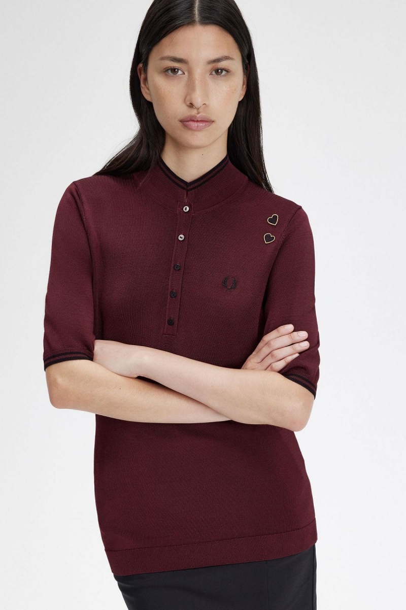 Fred Perry Strikket Shirt Strikkevarer Dame Oxblood | NODFL14254