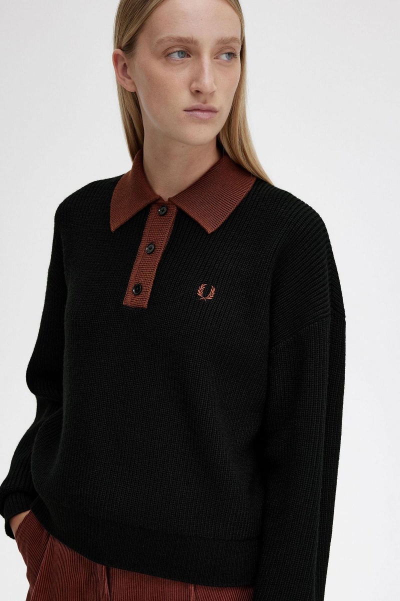 Fred Perry Strikket Shirt Strikkevarer Dame Svarte | TNOWZ85807