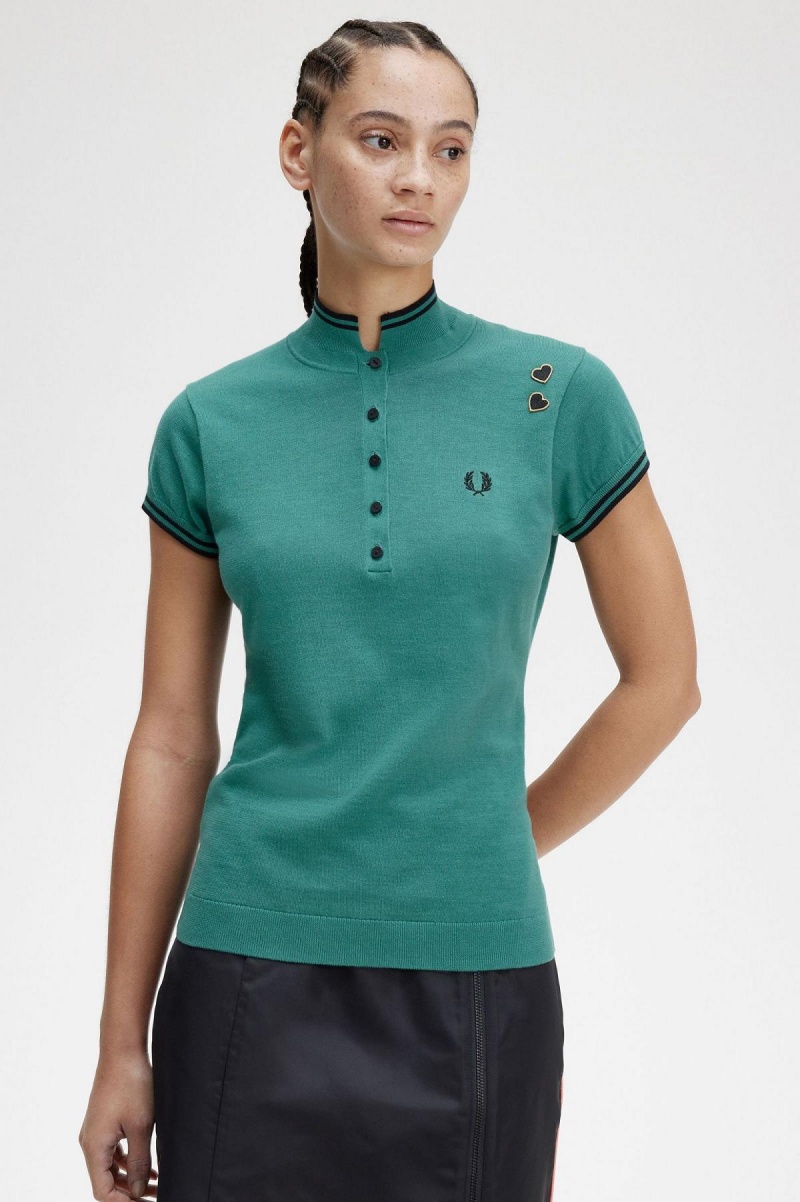 Fred Perry Strikket Shirt Strikkevarer Dame Dyp Mint | ZNONQ98561