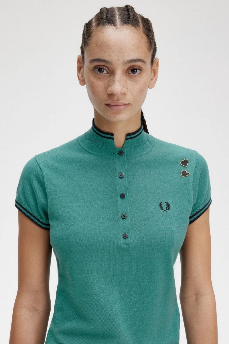 Fred Perry Strikket Shirt Strikkevarer Dame Dyp Mint | ZNONQ98561