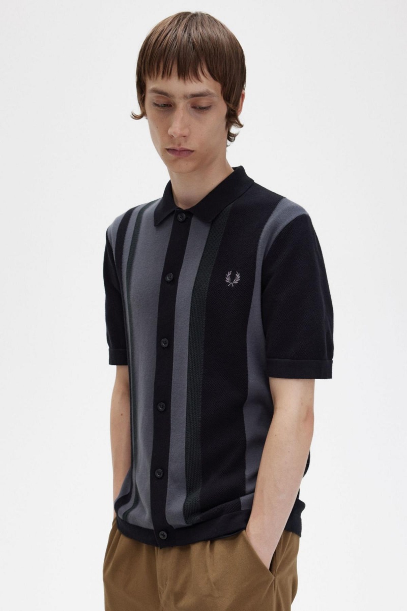 Fred Perry Stripete Strikket Shirt Strikkevarer Herre Svarte | BNOSO32327