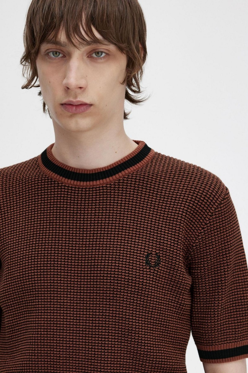 Fred Perry Textured Strikket T-Shirt Strikkevarer Herre Brune | NOXMI19041