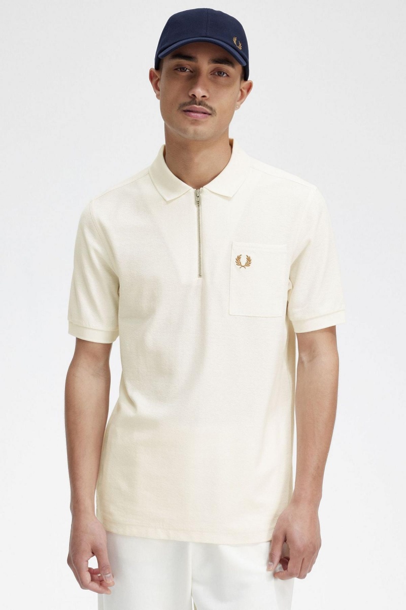 Fred Perry Textured Zip Neck Polo Shirt Polo T Skjorte Herre Ecru | MNOHR25042