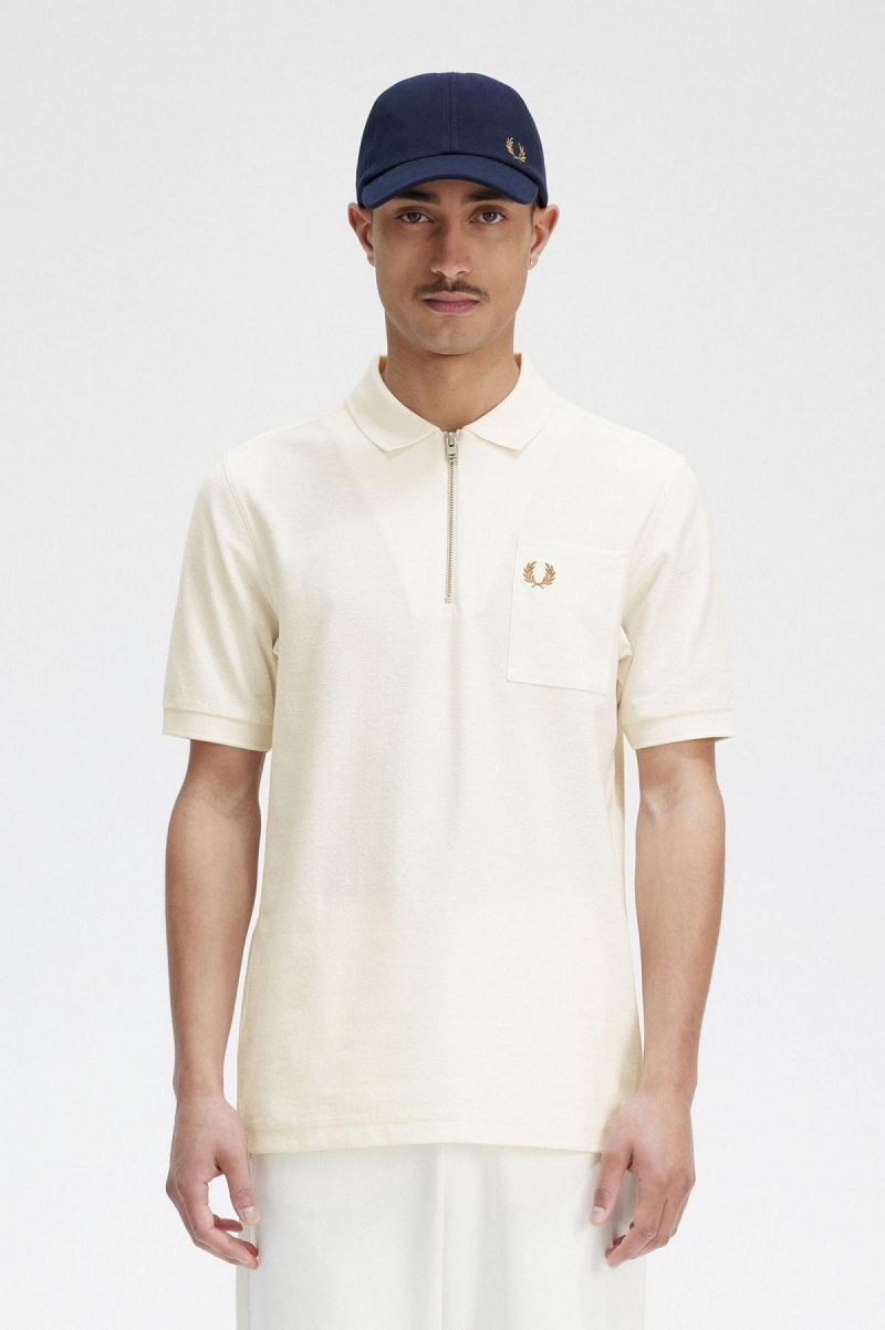 Fred Perry Textured Zip Neck Polo Shirt Polo T Skjorte Herre Ecru | MNOHR25042