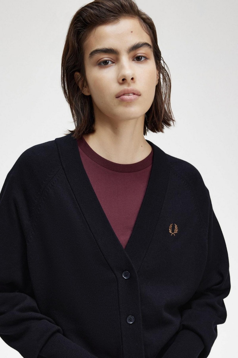 Fred Perry V-Neck Cardigan Strikkevarer Dame Marineblå | NONZX23923