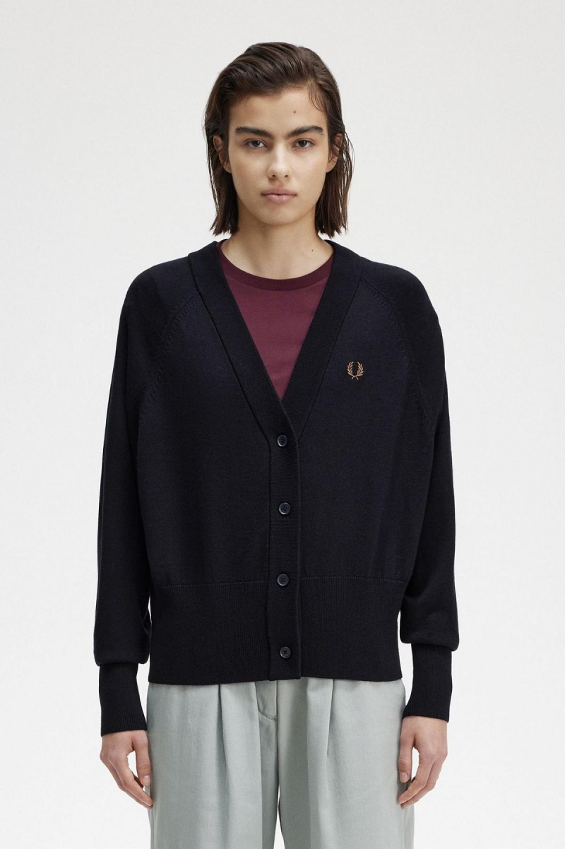 Fred Perry V-Neck Cardigan Strikkevarer Dame Marineblå | NONZX23923