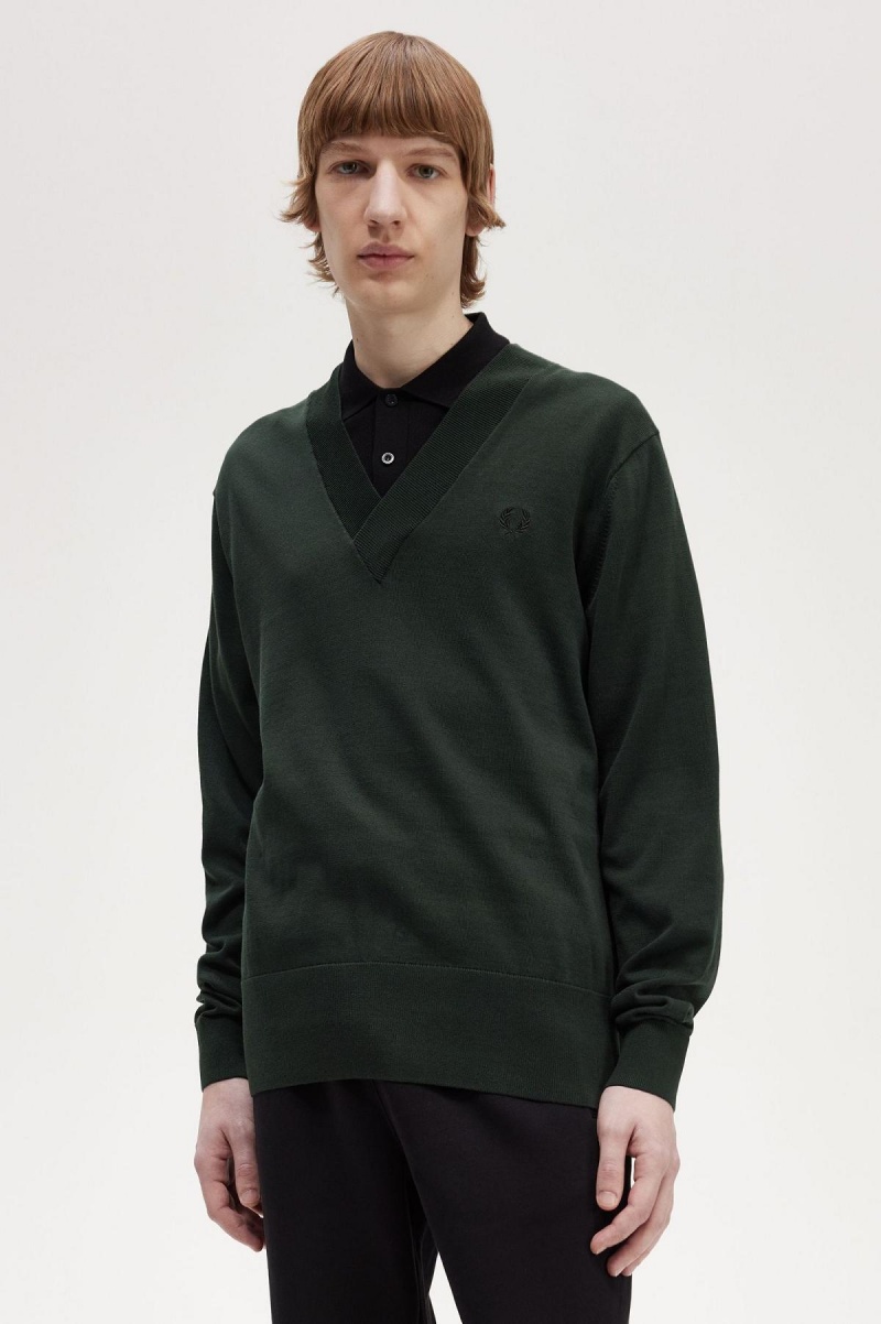 Fred Perry V-Neck Jumper Strikkevarer Herre Grønn | FNOUI24867