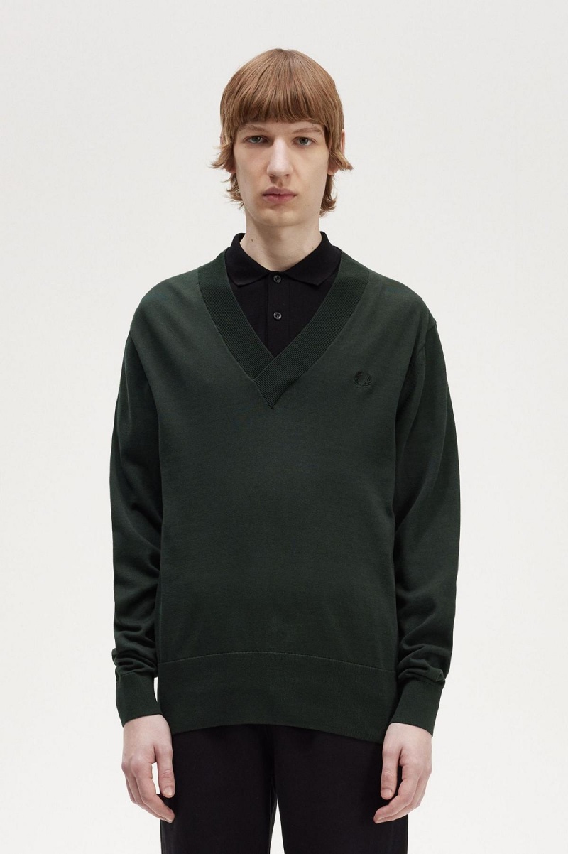 Fred Perry V-Neck Jumper Strikkevarer Herre Grønn | FNOUI24867