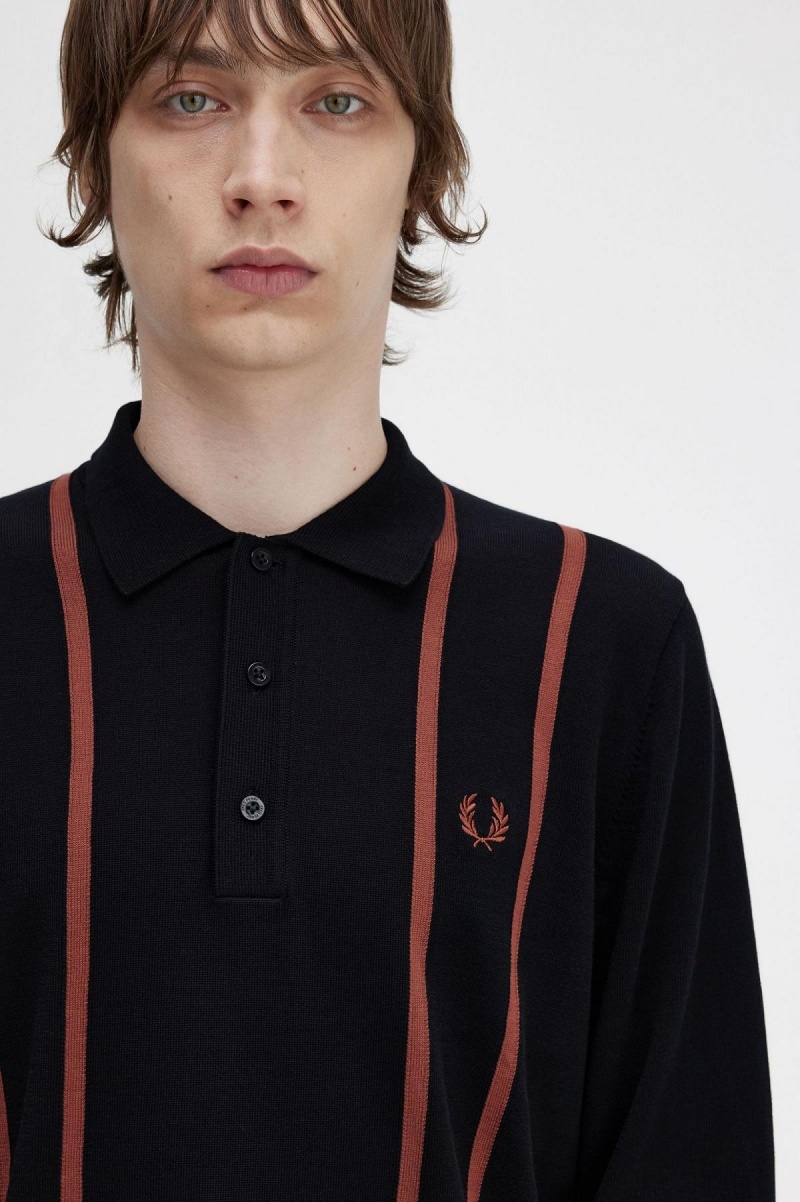 Fred Perry Vertical Stripe Strikket Shirt Strikkevarer Herre Svarte | MNOFT43492