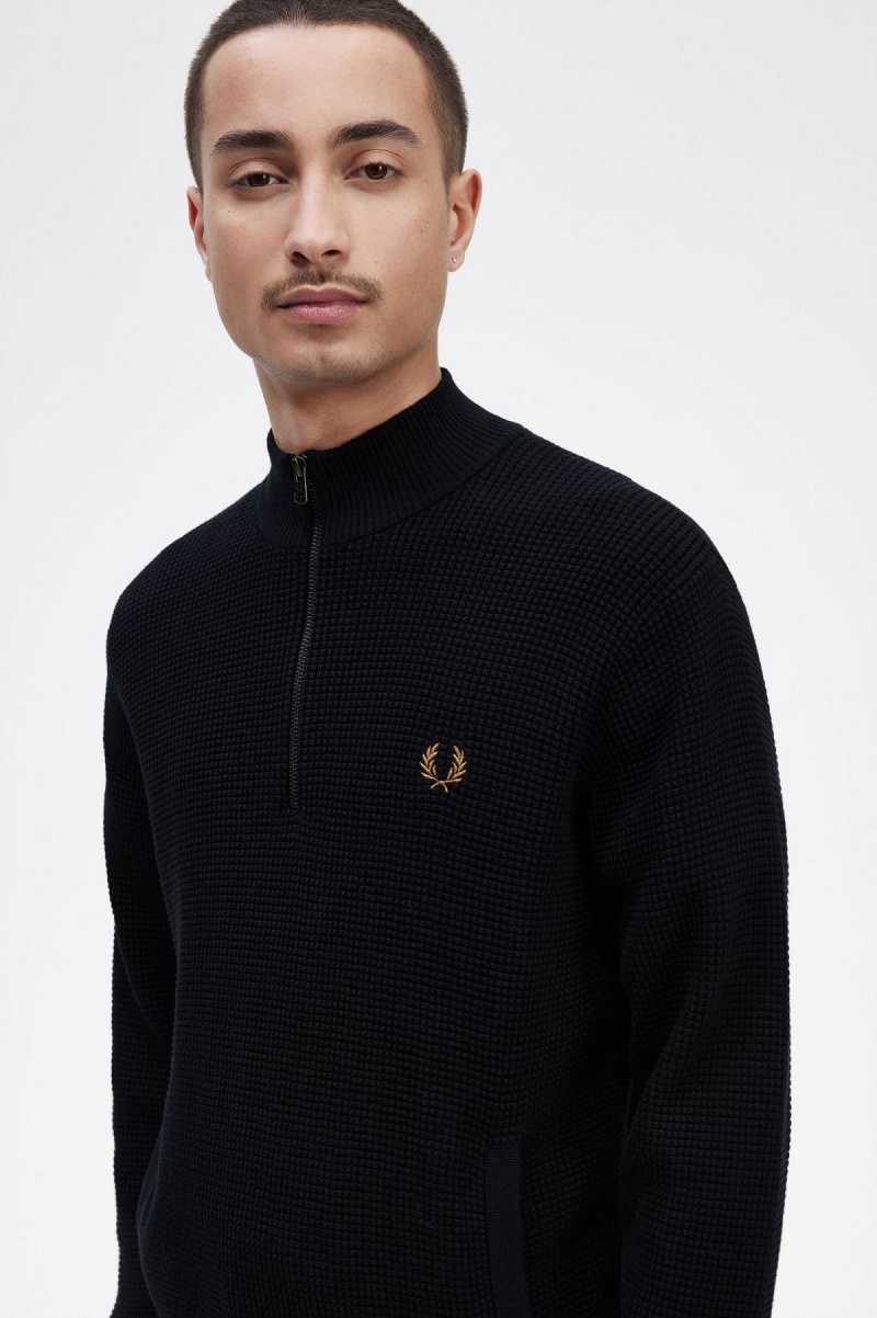 Fred Perry Waffle Stitch Half Zip Jumper Strikkevarer Herre Marineblå | GNOEC87237