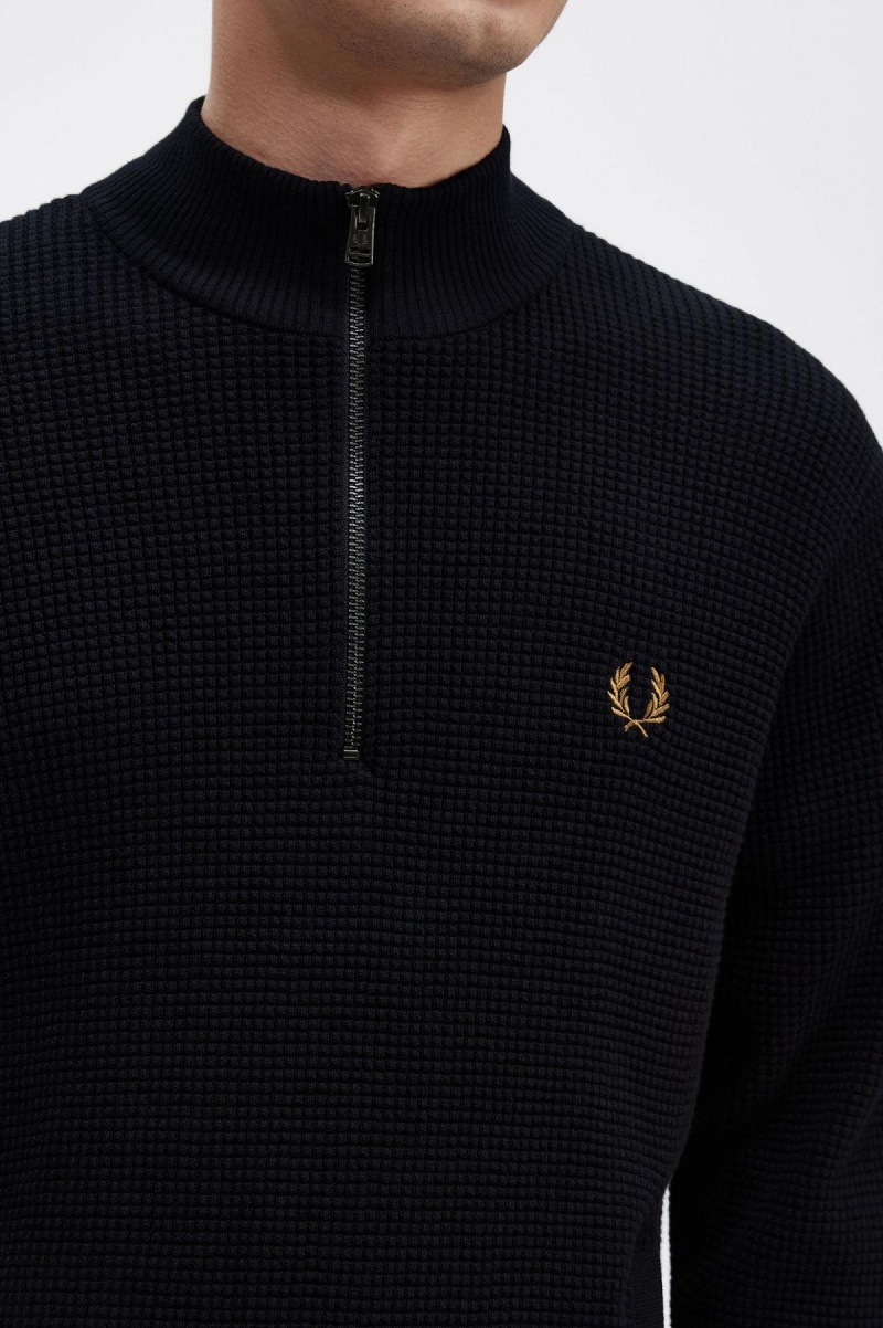 Fred Perry Waffle Stitch Half Zip Jumper Strikkevarer Herre Marineblå | GNOEC87237