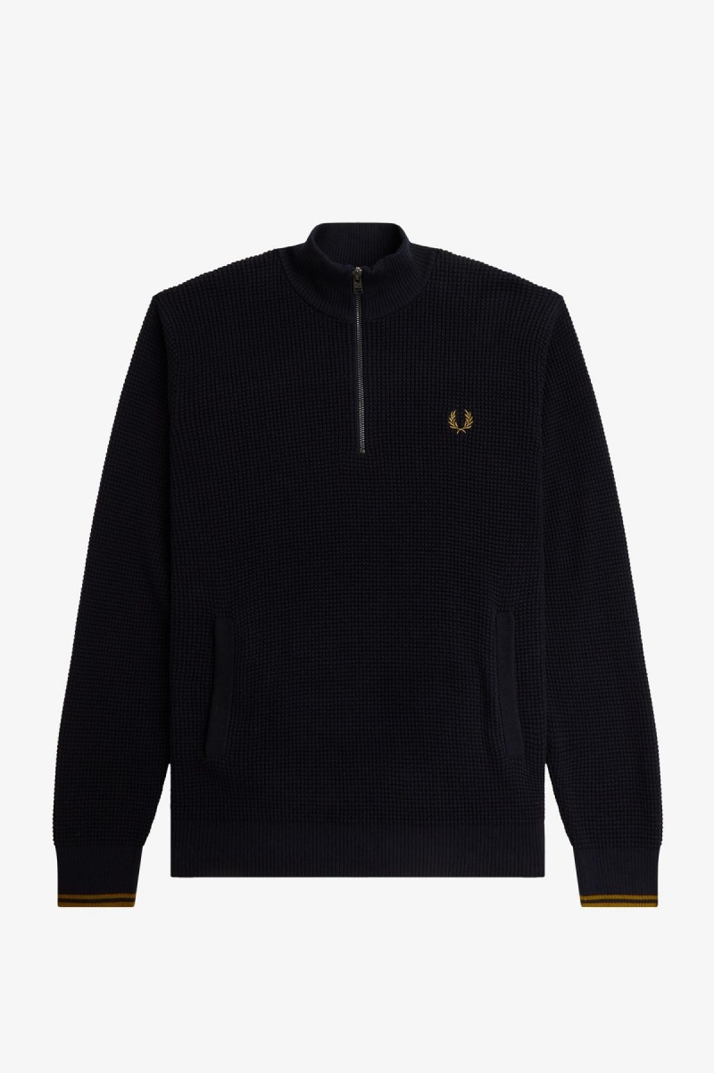 Fred Perry Waffle Stitch Half Zip Jumper Strikkevarer Herre Marineblå | GNOEC87237