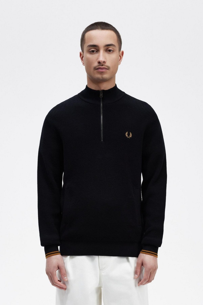 Fred Perry Waffle Stitch Half Zip Jumper Strikkevarer Herre Marineblå | GNOEC87237