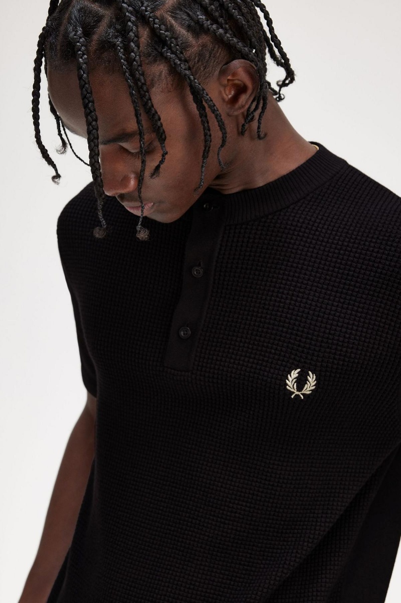 Fred Perry Waffle Stitch Henley Shirt Strikkevarer Herre Svarte | NONZX65734