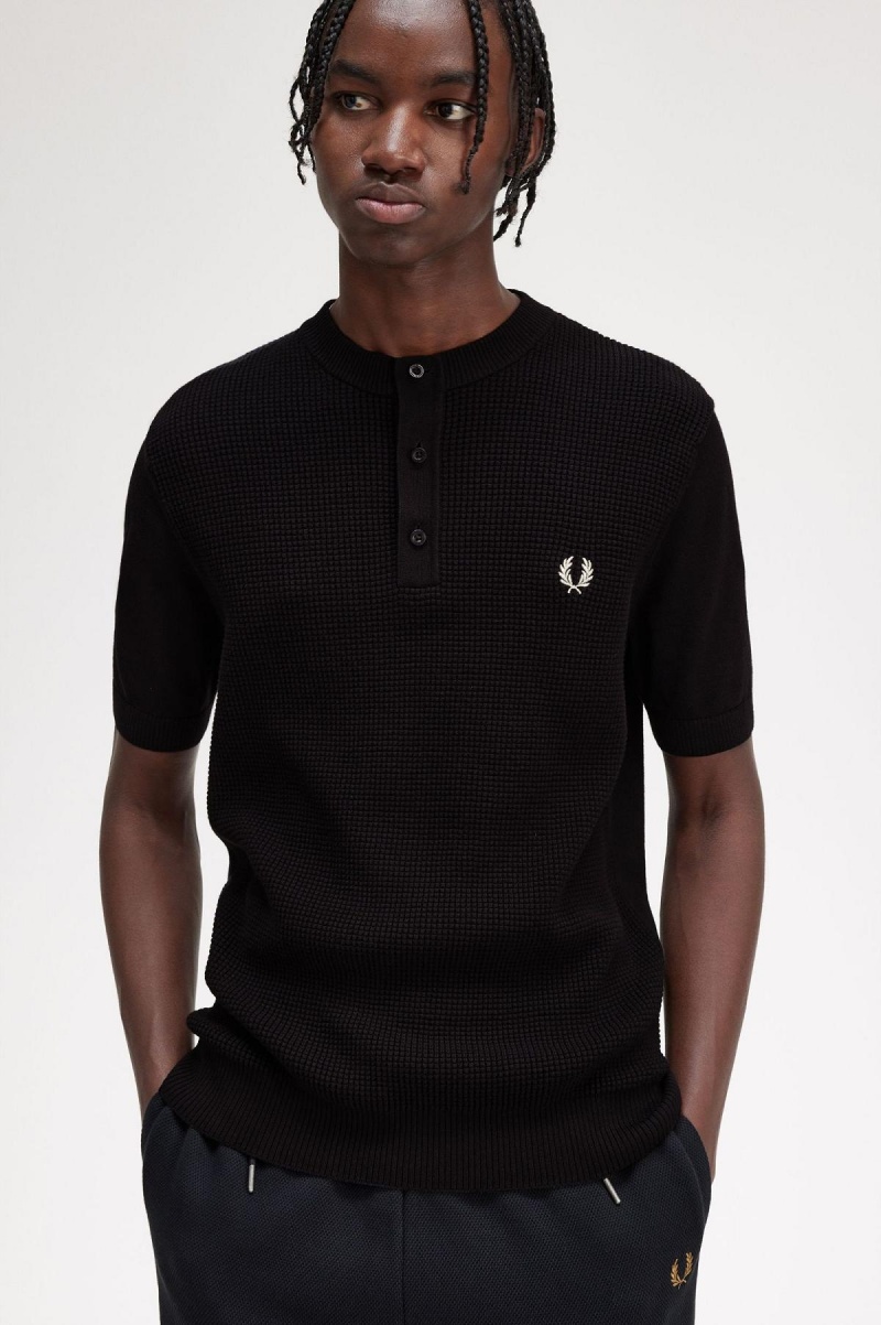 Fred Perry Waffle Stitch Henley Shirt Strikkevarer Herre Svarte | NONZX65734