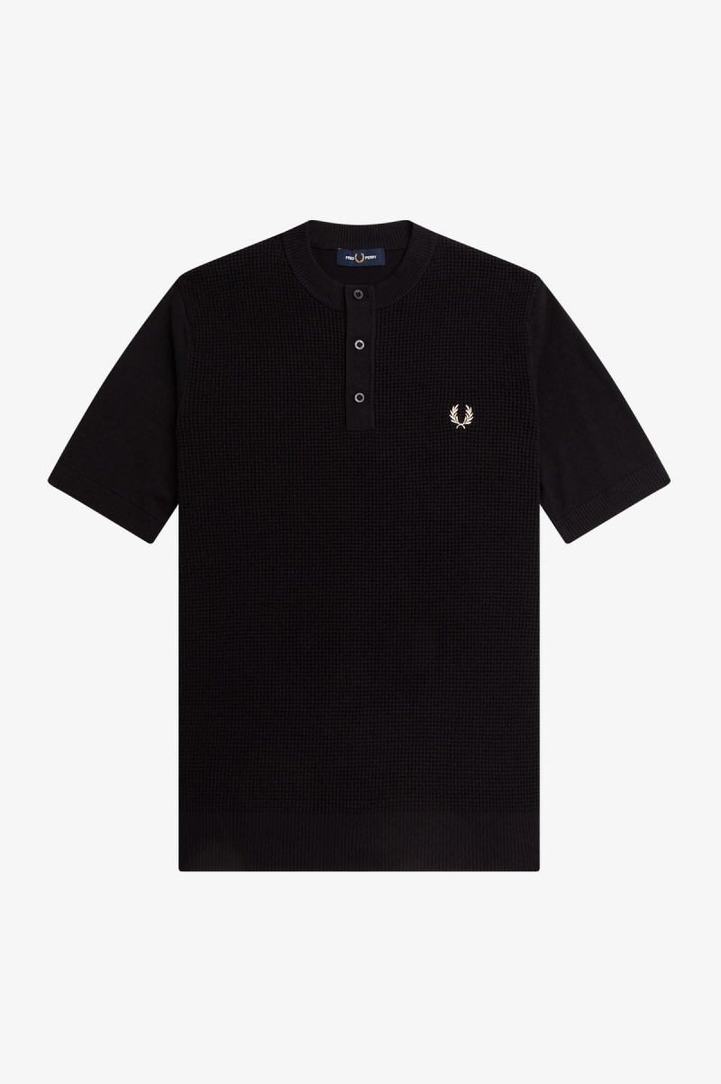 Fred Perry Waffle Stitch Henley Shirt Strikkevarer Herre Svarte | NONZX65734