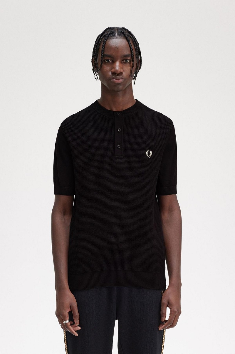 Fred Perry Waffle Stitch Henley Shirt Strikkevarer Herre Svarte | NONZX65734