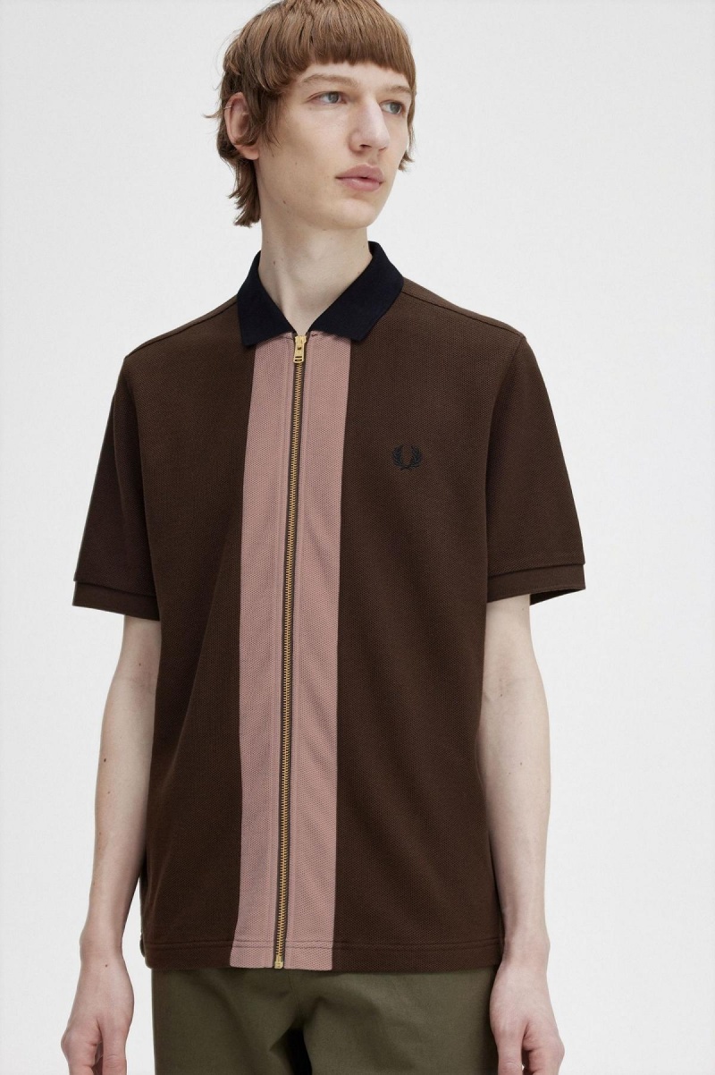 Fred Perry Zip Through Polo Shirt Polo T Skjorte Herre Burnt Tobacco | BNOSD66444