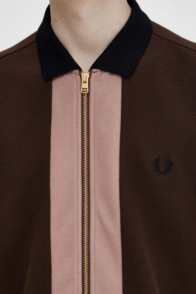 Fred Perry Zip Through Polo Shirt Polo T Skjorte Herre Burnt Tobacco | BNOSD66444