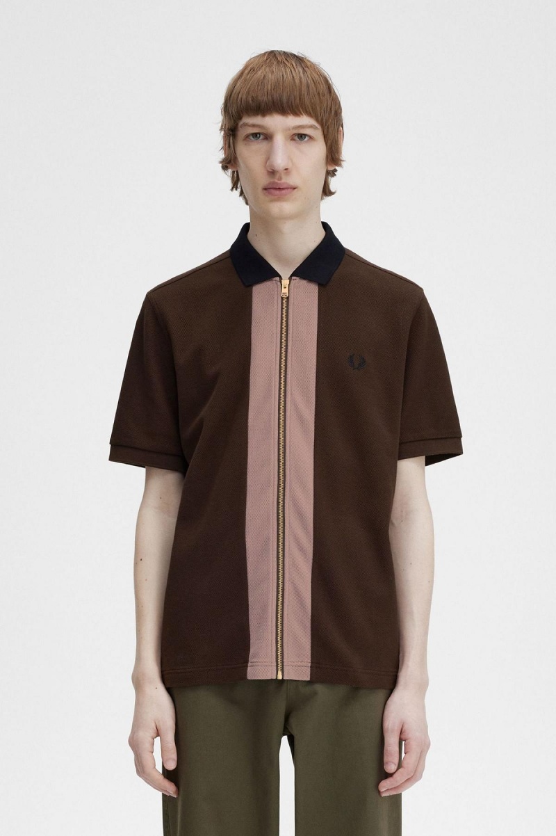 Fred Perry Zip Through Polo Shirt Polo T Skjorte Herre Burnt Tobacco | BNOSD66444